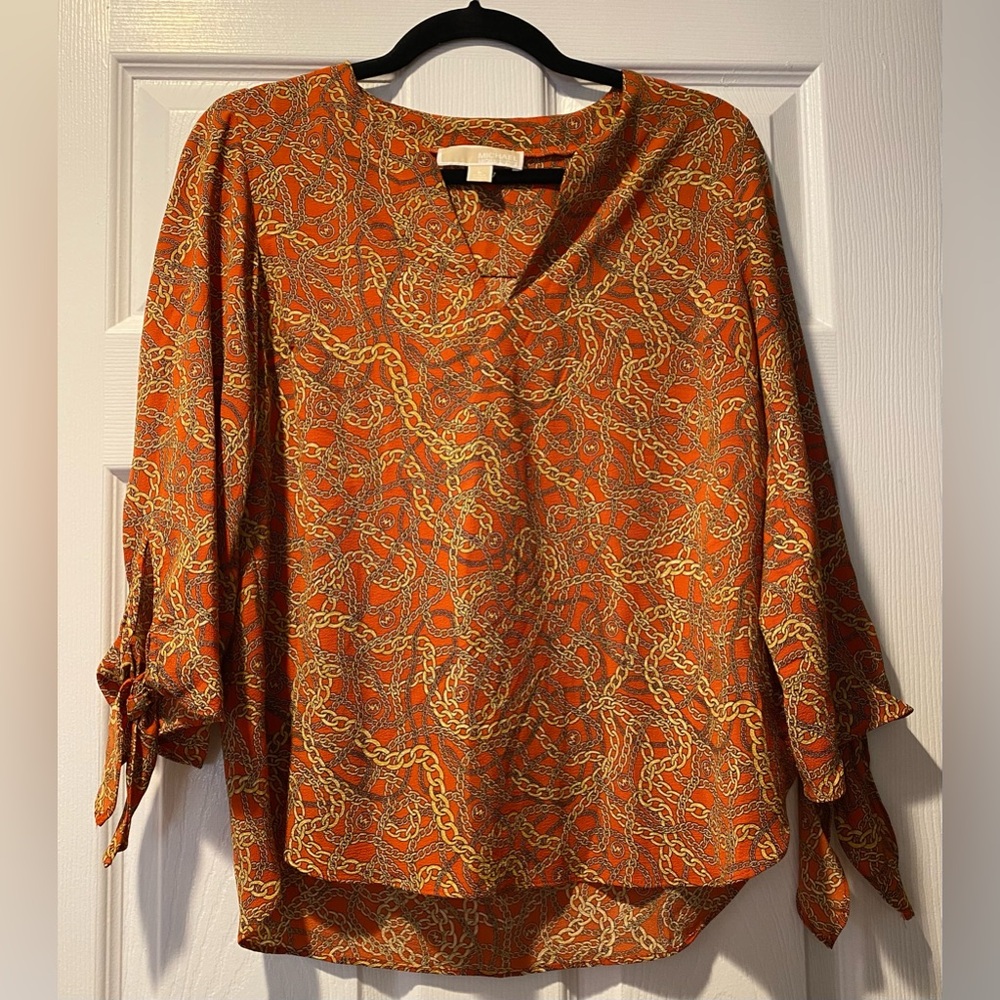 Michael Kors Orange Chain-Print Tie-Sleeve Blouse